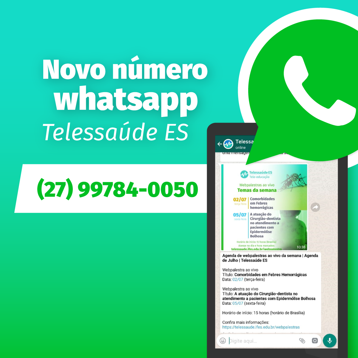 Leia mais sobre o artigo Atualização do número do whatsapp do Telessaúde ES